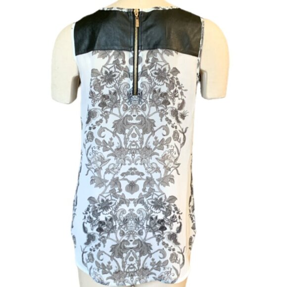 Bisou Bisou Sleeveless Top Mixed Media Faux Leather/Floral S Black & White 61E - Picture 6 of 8